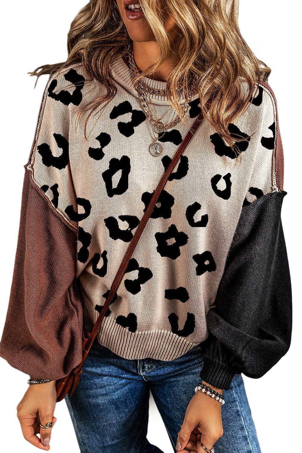 Coffee Leopard Print Colorblock Pullover Sweater