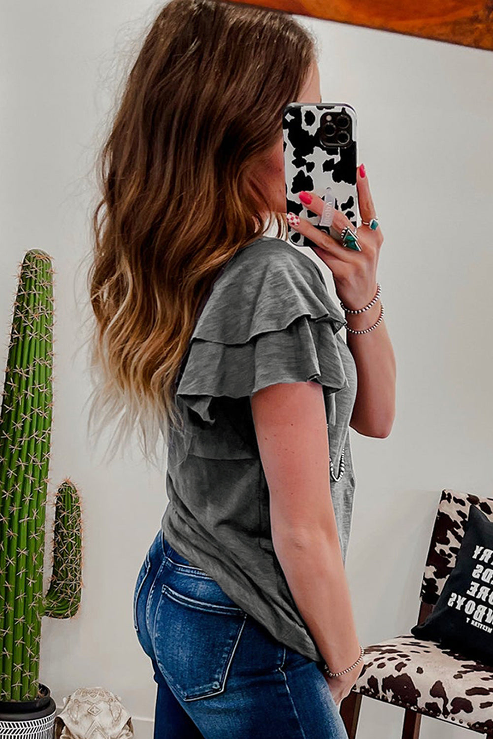 Dark Grey Layered Ruffle Short Sleeve Round Neck Top