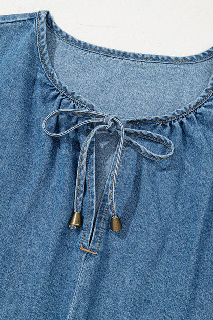 Dusk Blue Denim Ruffled Sleeve Lace up Front Peplum Top