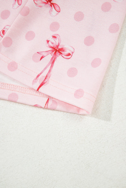 Beige Bow Fruit Print Contrast Pipping Short Pajamas Set