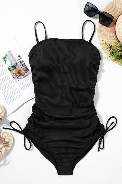 Laurel Green Ribbed Drawstring Sides Cutout One Piece Swimsuit