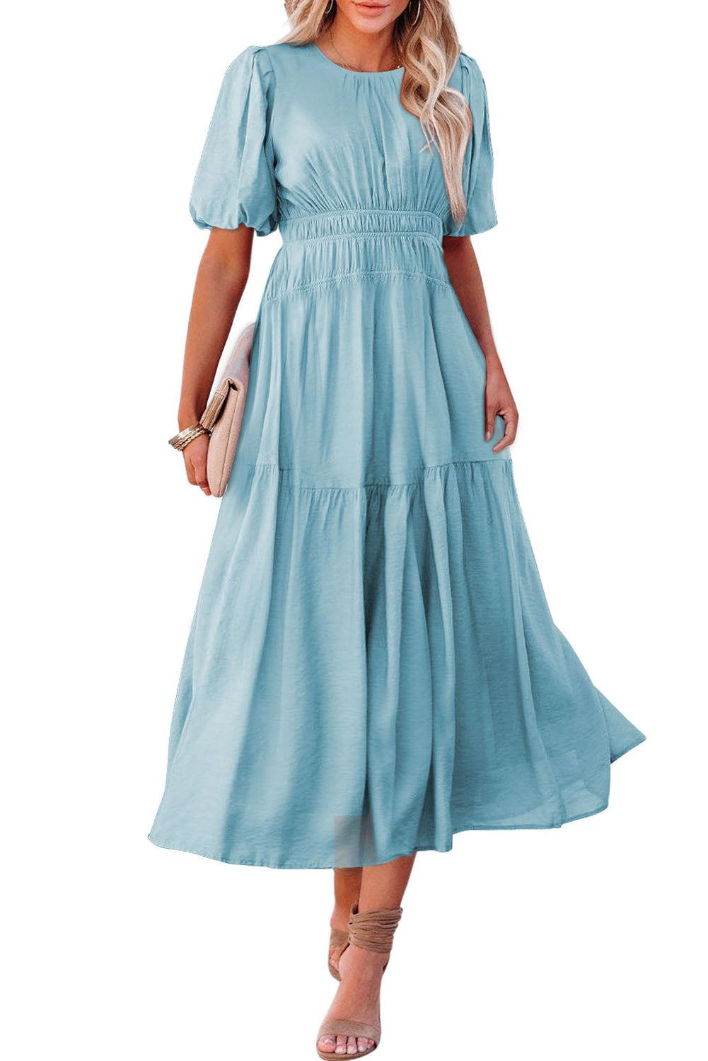 Black Puff Sleeve Pleated High Waist Flowy Long Dress