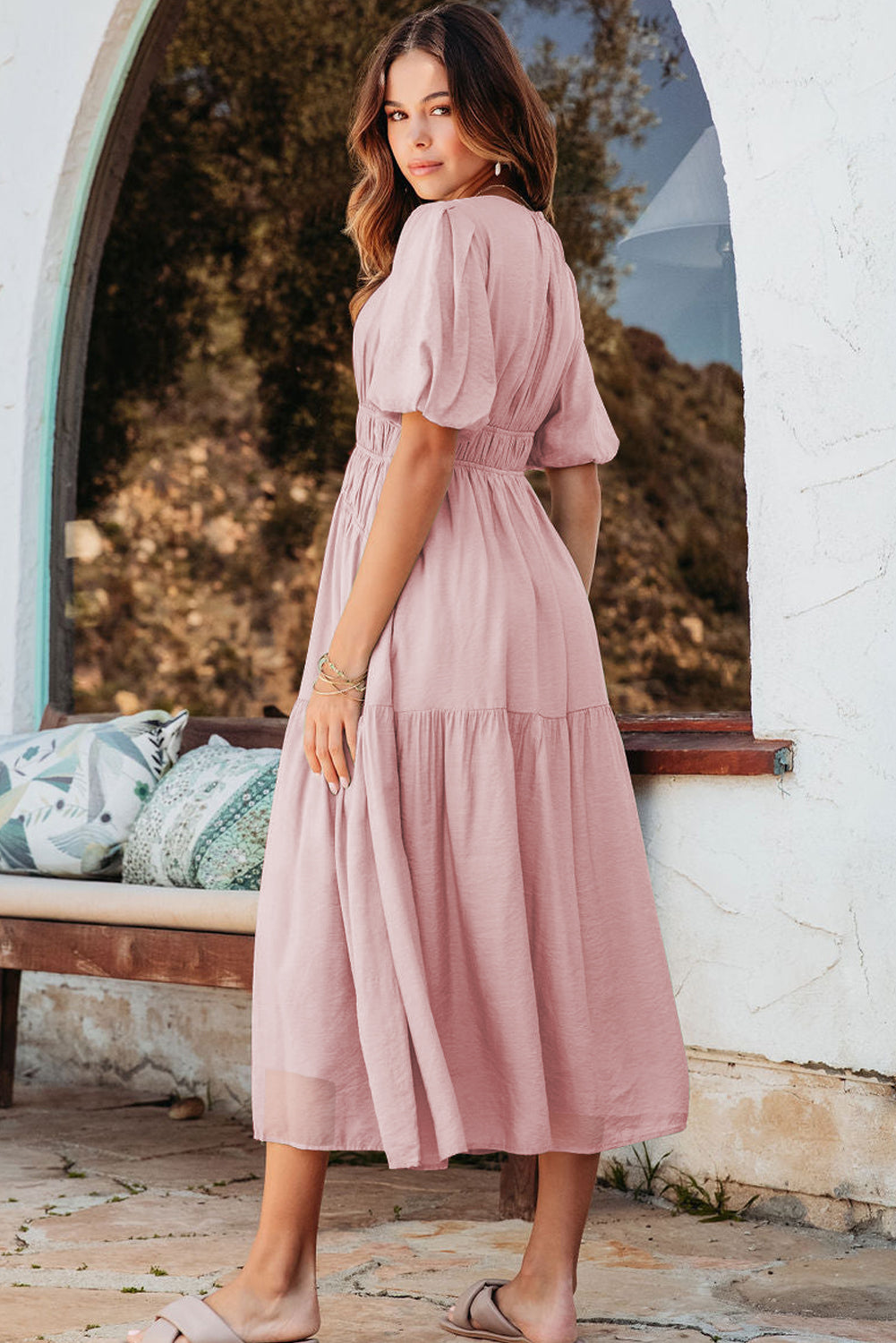 Black Puff Sleeve Pleated High Waist Flowy Long Dress