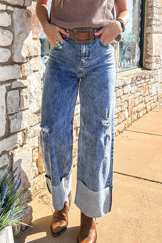 Ashleigh Blue Mineral Wash Bottom Cuff Distressed Wide Leg Jeans