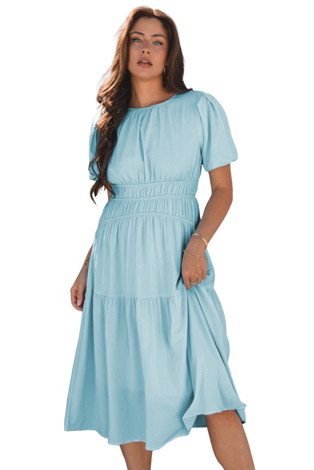 Black Puff Sleeve Pleated High Waist Flowy Long Dress