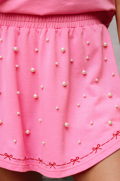 Pink Contrast Bow Trim Pearl Puff Sleeve Blouse and Skort 2pcs Set