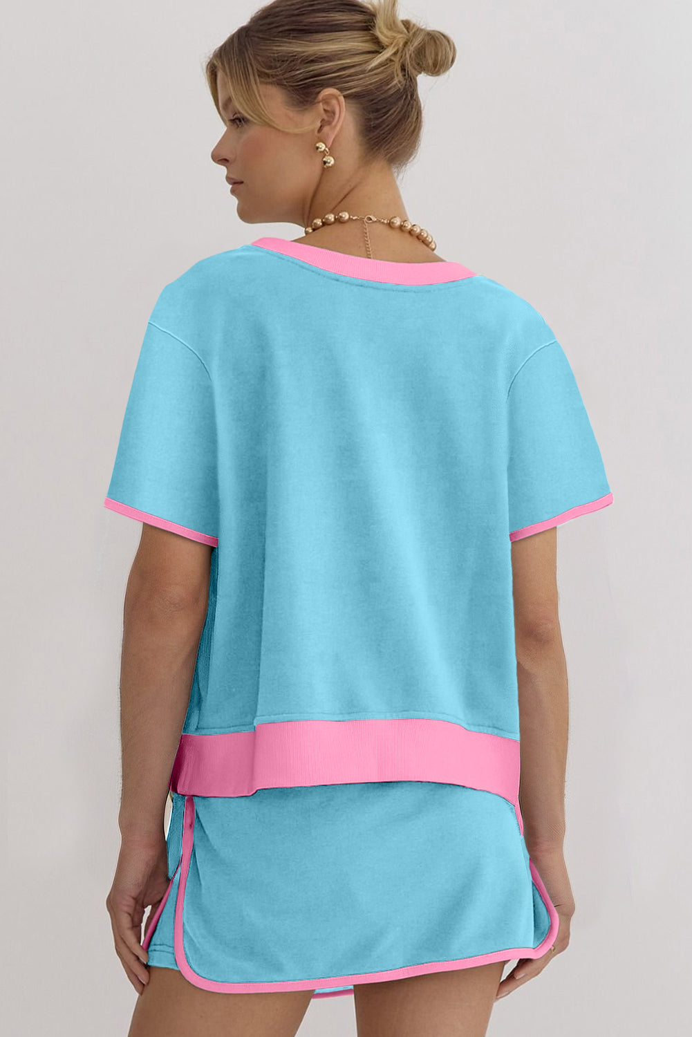 Turquoise Colorblock Edge Drop Shoulder T Shirt and Skirt 2Pcs Set
