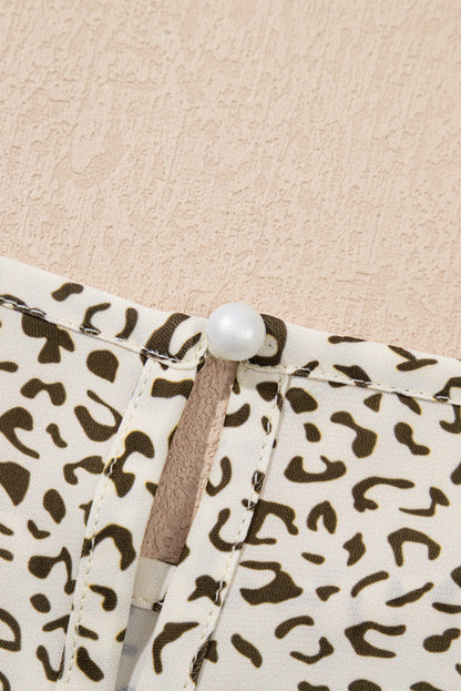 Beige Plus Size Leopard Print Frill Trim Short Sleeve Flared Dress
