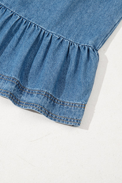 Dusk Blue Denim Ruffled Sleeve Lace up Front Peplum Top