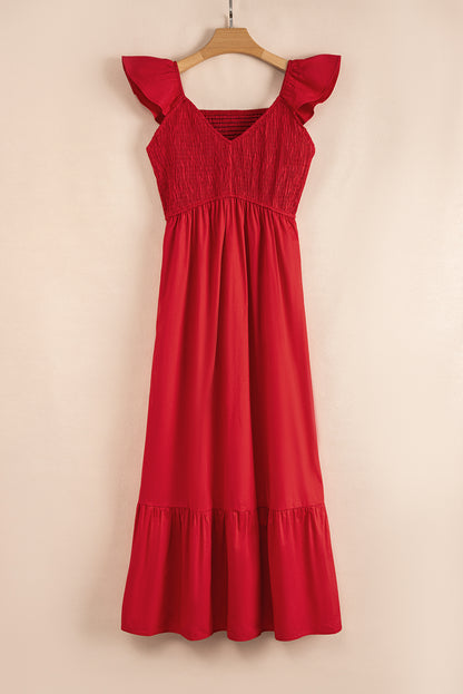 Pink V Neck Flutter Sleeve Smocked Bodice High Waist Ruffle Maxi Dress