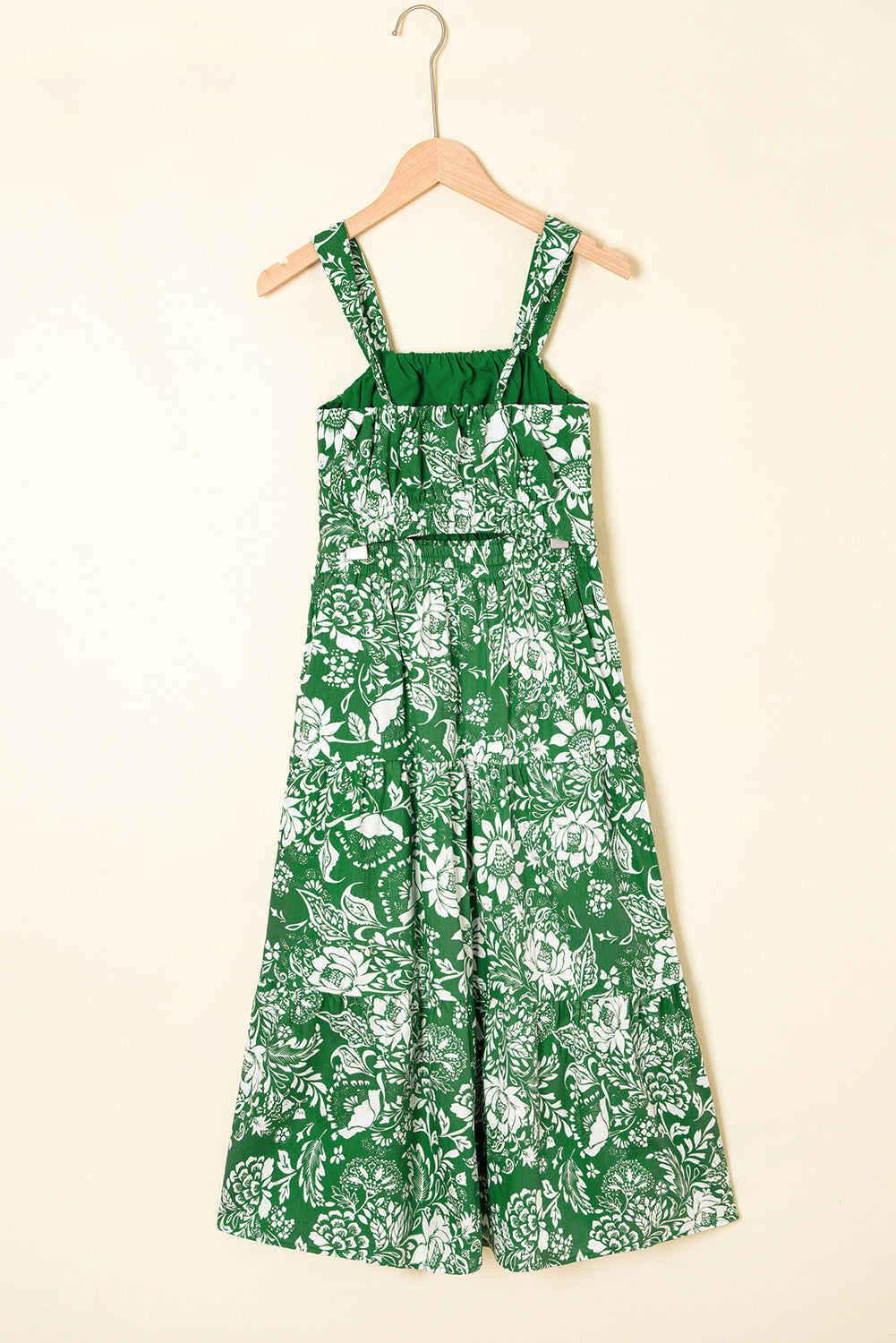 Green Floral Print Shirred Crop Top and High Waist Midi Skirt Set