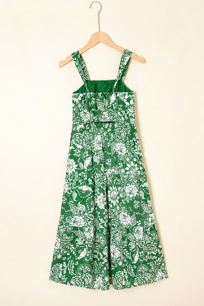 Green Floral Print Shirred Crop Top and High Waist Midi Skirt Set