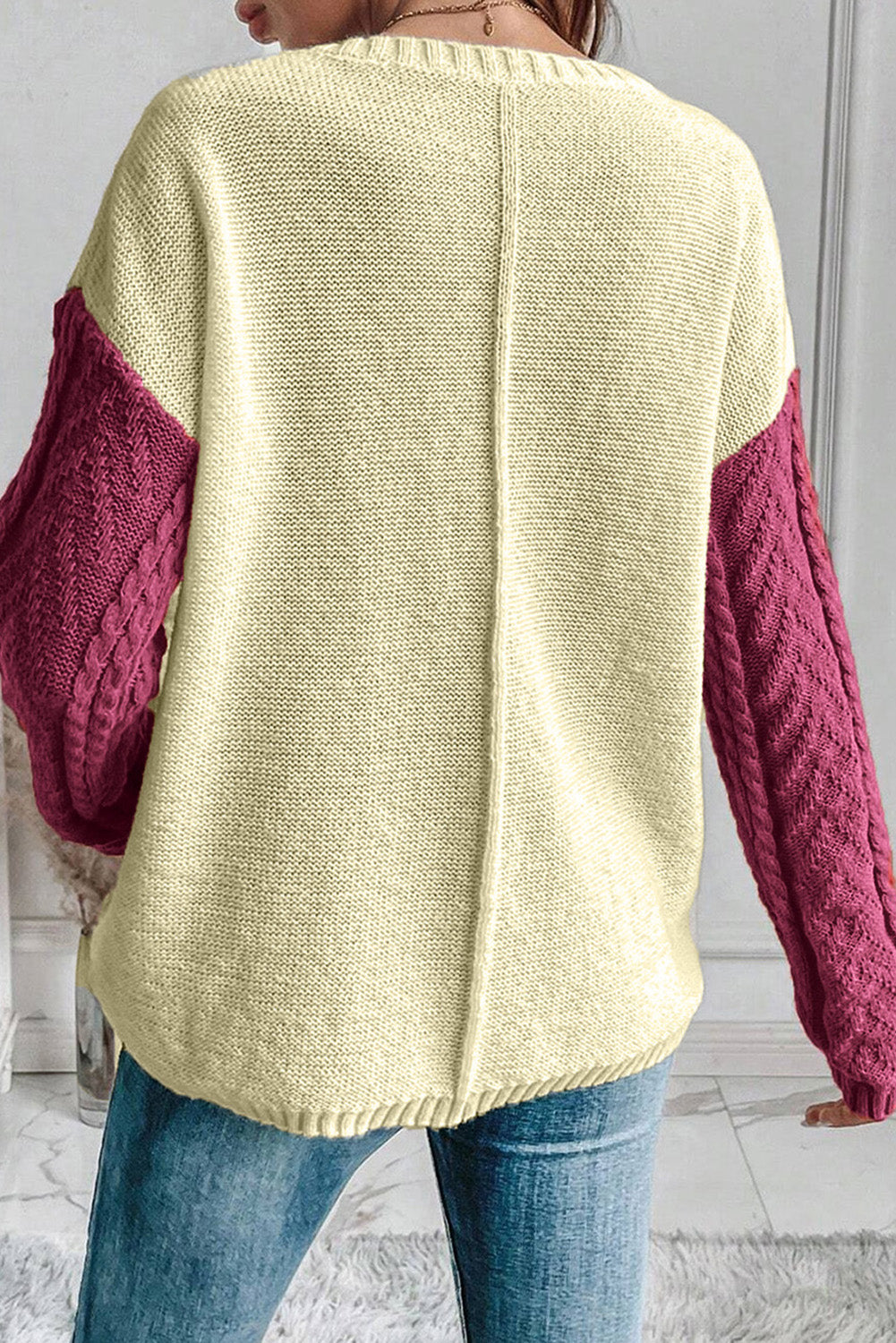 Rose Tan Colorblock Patched Pocket Drop Shoulder Sweater