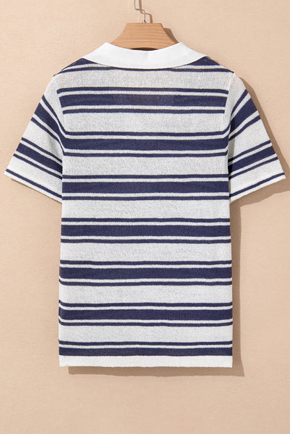 Dark Blue Stripe Collared Button V Neck Knitted T Shirt
