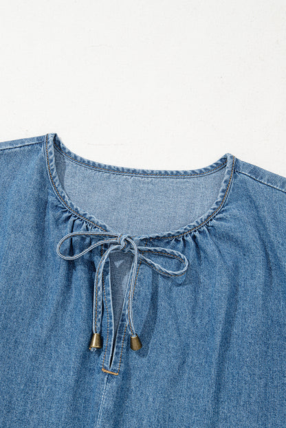 Dusk Blue Denim Ruffled Sleeve Lace up Front Peplum Top