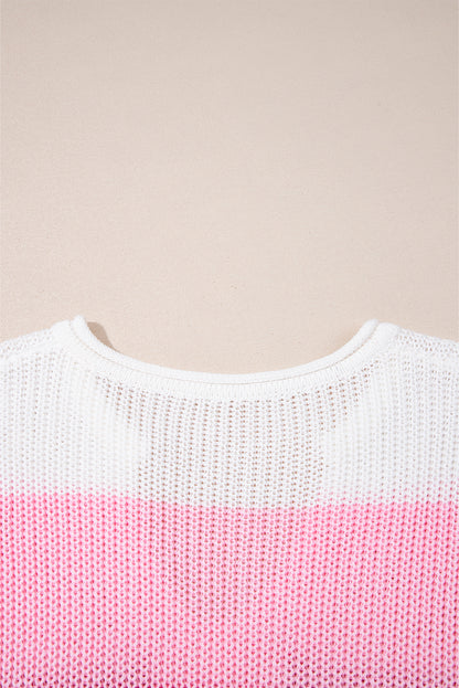 Pink Color Block Notch V Neck Sweater T Shirt