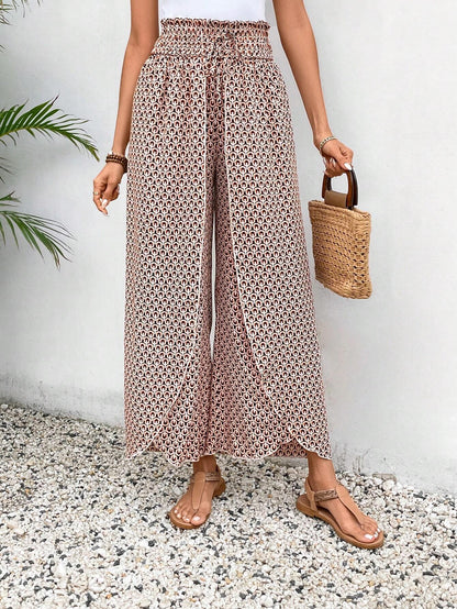 Black Bohemian Print Slit Wide Leg Smocked High Waist Pants