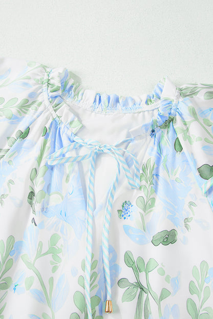 Sky Blue Floral Contrast Edge Layered Short Sleeve Mini Dress