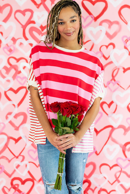 Pink Stripe Patchwork Round Neck Side Split Loose T Shirt