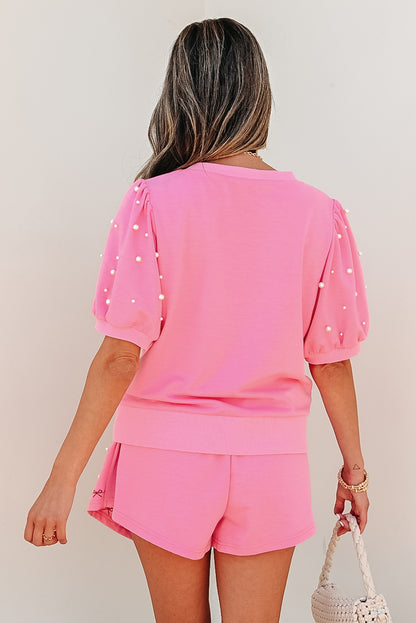 Pink Contrast Bow Trim Pearl Puff Sleeve Blouse and Skort 2pcs Set