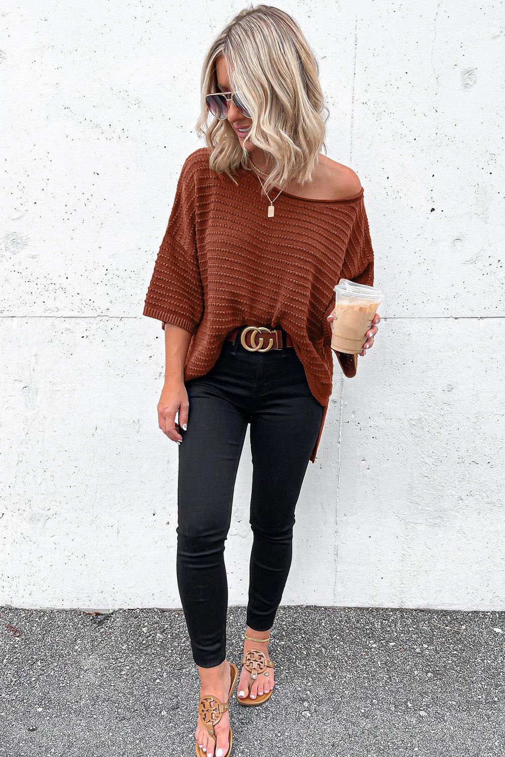 Brown Textured Knit Drop Shoulder Tee