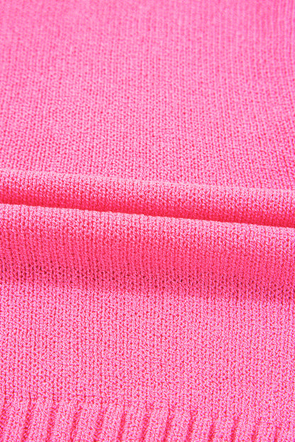 Bright Pink Distressed Hem Short Sleeve Knitted Button Front Sweater