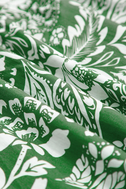 Green Floral Print Shirred Crop Top and High Waist Midi Skirt Set