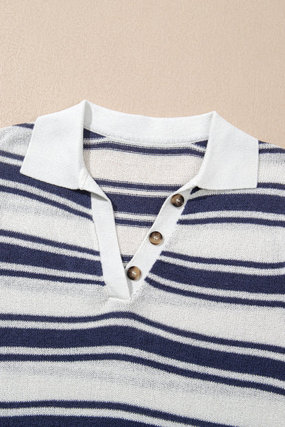 Dark Blue Stripe Collared Button V Neck Knitted T Shirt