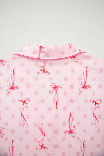 Beige Bow Fruit Print Contrast Pipping Short Pajamas Set
