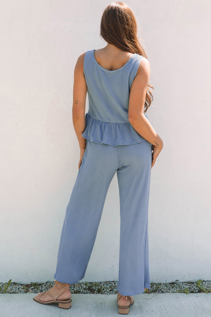 Duffel Green Solid Color Ribbed Ruffle Tank Top and Pants Set