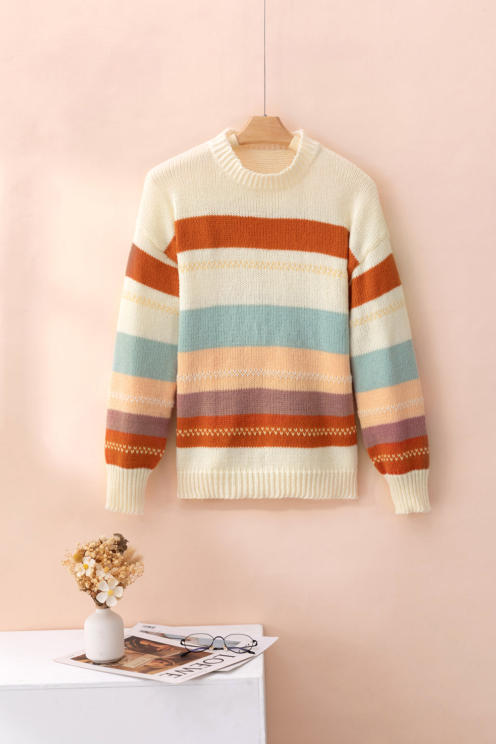 Crew Neck Drop-shoulder Striped Color Block Sweater