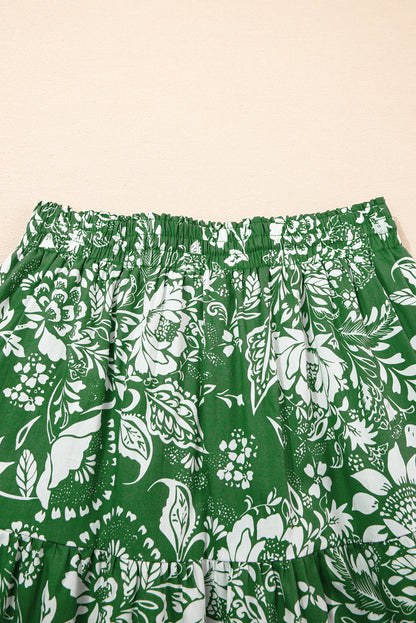 Green Floral Print Shirred Crop Top and High Waist Midi Skirt Set
