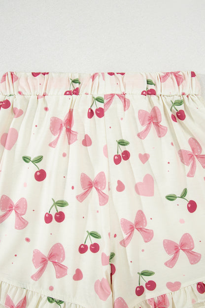 Beige Bow Fruit Print Contrast Pipping Short Pajamas Set