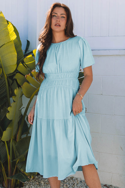 Black Puff Sleeve Pleated High Waist Flowy Long Dress