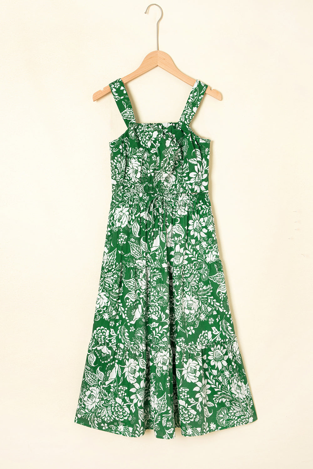 Green Floral Print Shirred Crop Top and High Waist Midi Skirt Set