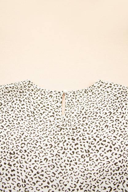 Beige Plus Size Leopard Print Frill Trim Short Sleeve Flared Dress