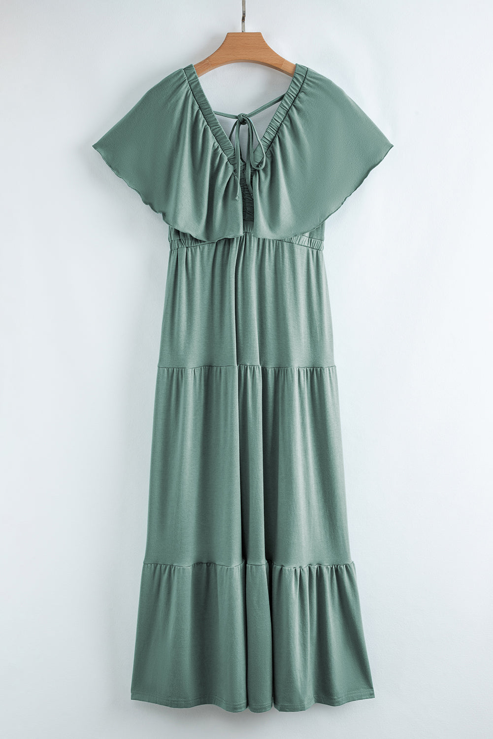 Grass Green Textured V Neck Flutter Sleeve Ruffled Maxi Dress