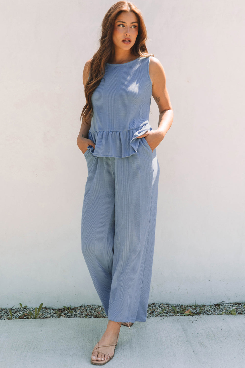Duffel Green Solid Color Ribbed Ruffle Tank Top and Pants Set