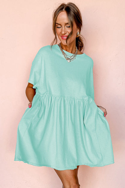 Sky Blue Solid Color Pocketed Raw Edge Babydoll Dress