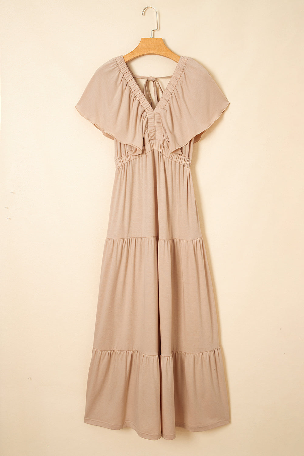Grass Green Textured V Neck Flutter Sleeve Ruffled Maxi Dress