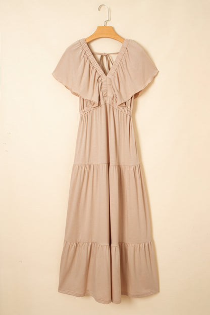 Grass Green Textured V Neck Flutter Sleeve Ruffled Maxi Dress
