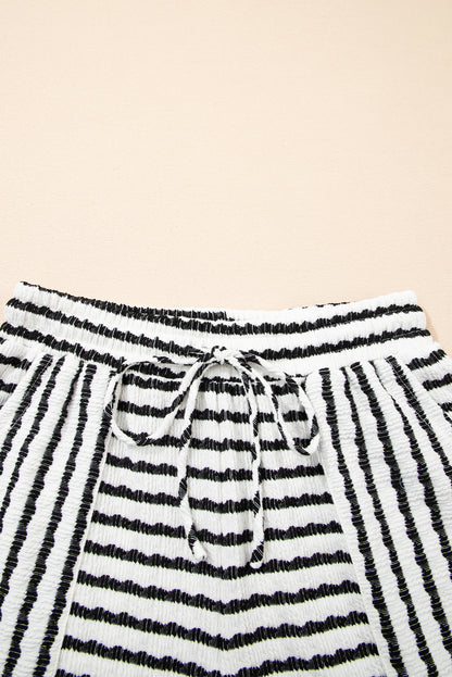 Sky Blue Stripe Knitted Short Sleeve Top and Drawstring Shorts Set