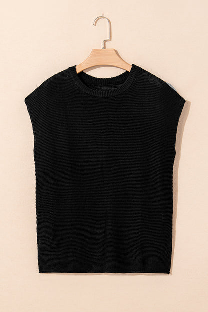 Black Solid Color Sweater Tee with Side Slits