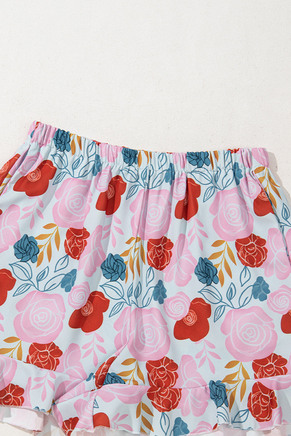 Multicolour Floral V Neck Cami Top and Ruffled Shorts Lounge Set