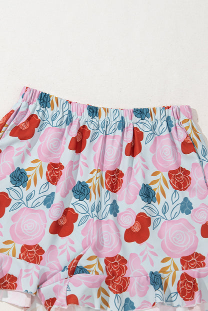 Multicolour Floral V Neck Cami Top and Ruffled Shorts Lounge Set