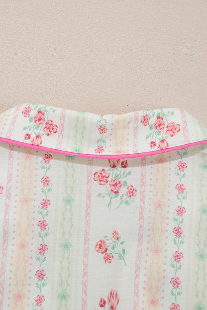 Beige Bow Fruit Print Contrast Pipping Short Pajamas Set