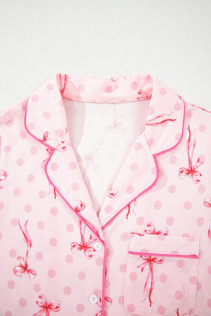 Beige Bow Fruit Print Contrast Pipping Short Pajamas Set