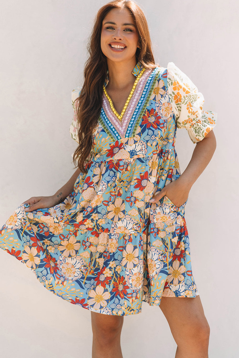 Multicolour Boho Floral Print Crochet Patchwork V Neck Loose Mini Dress