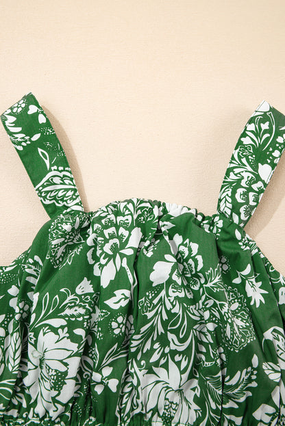 Green Floral Print Shirred Crop Top and High Waist Midi Skirt Set