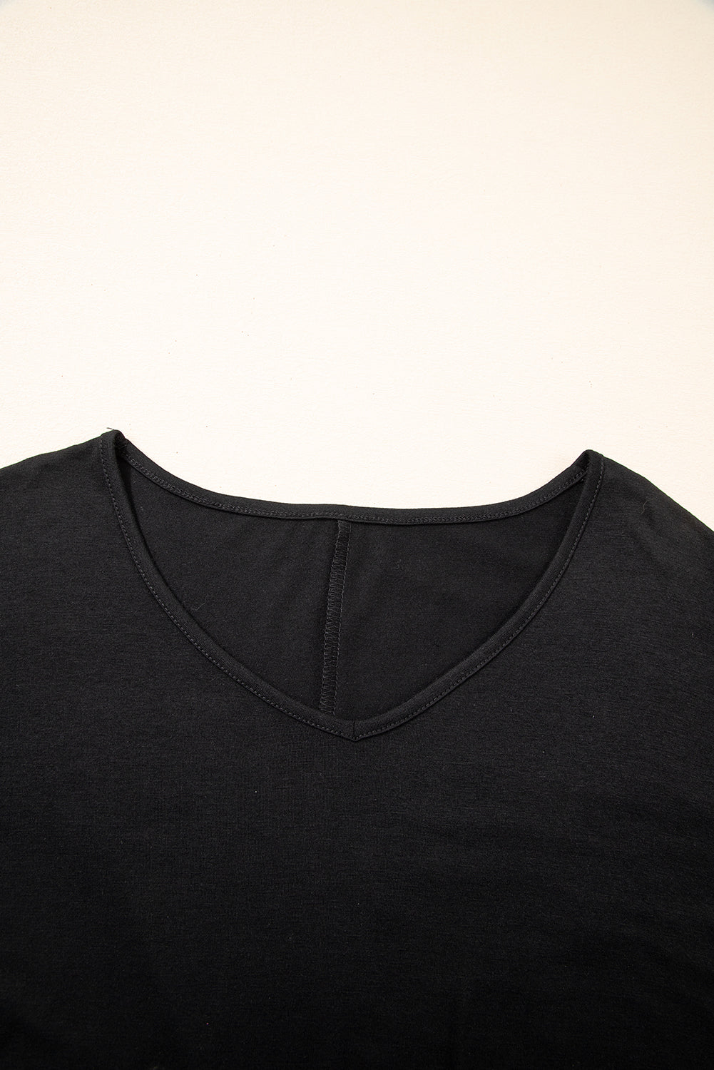 Sail Blue Solid Colour V-Neck Double Layer Sleeve Loose T-Shirt